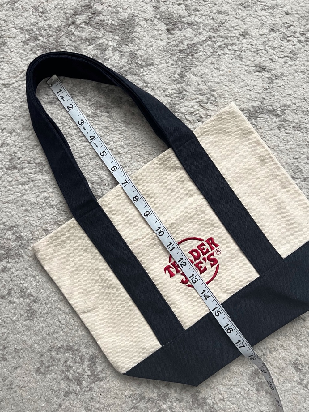 Trader Joe's Mini Tote Bag Shopper Navy Cream Trending Small 13 inch Canvas - Picture 4 of 6